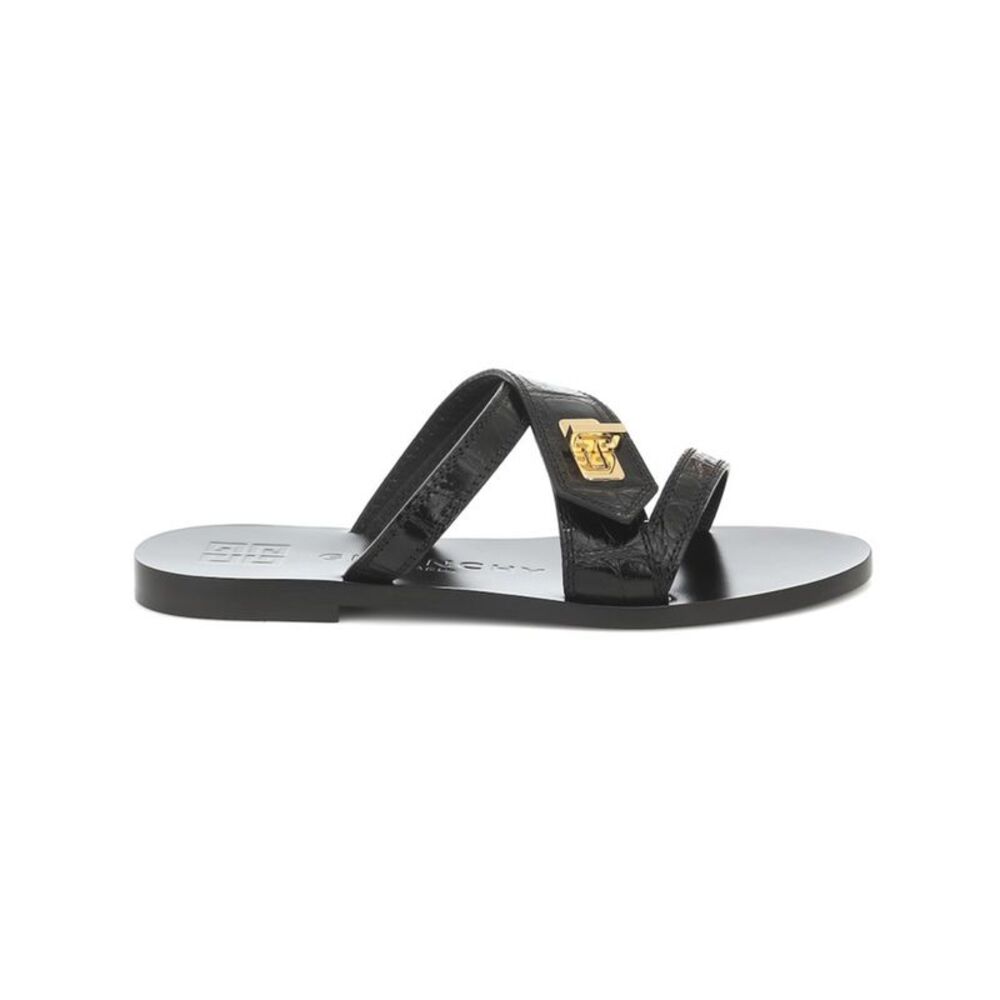 NWT GIVENCHY Womens Black Croc-Eden Round Toe Leather Slide Sandals Shoes 35.5
